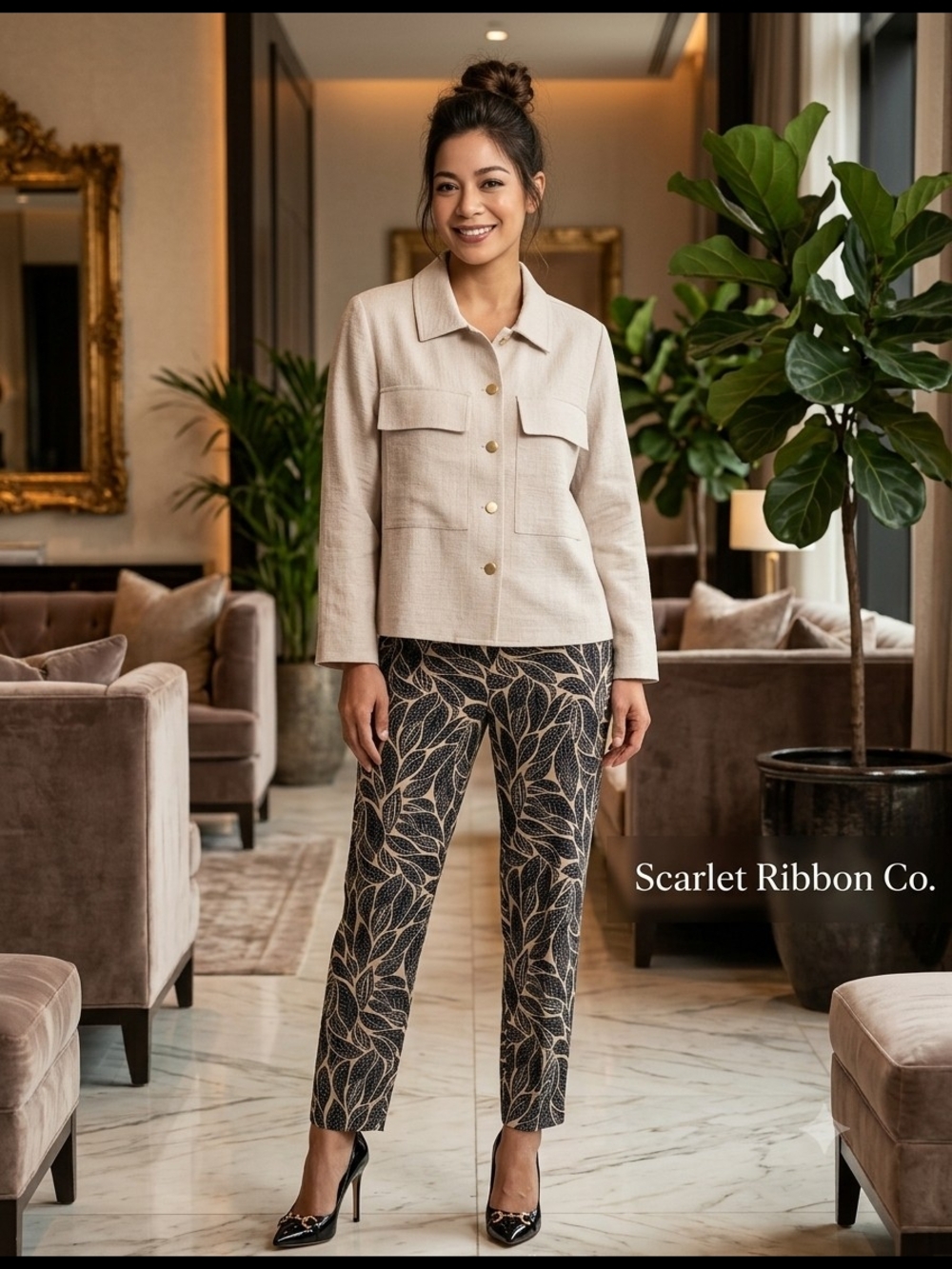 Curated 2pc Outfit Set - Anne Klein Printed Pants (L) & Olivia Martin Top (XL)